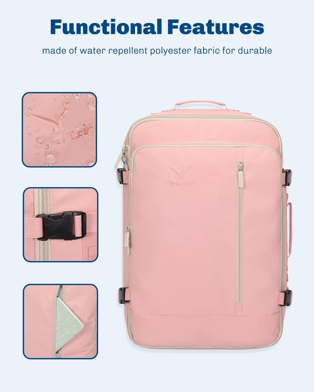Alt view image 5 of 7 - 38L Flight Approved Backpack Carry On Travel Bag for Men Women Light Pink Large Weekender Cabin Luggage,Padded 15" Laptop Sleeve,Convertible Overnight Duffel,9 Organized Pockets