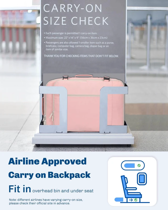 Alt view image 7 of 7 - 38L Flight Approved Backpack Carry On Travel Bag for Men Women Light Pink Large Weekender Cabin Luggage,Padded 15" Laptop Sleeve,Convertible Overnight Duffel,9 Organized Pockets