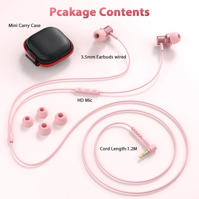 Alt view image 4 of 7 - Wired Earbuds 3.5mm Earphones for Chromebook Laptop Kids School with Case 3.5 mm Jack Corded Headphones with Microphone Control Plug-in Earbuds for Kindle Fire/Samsung/Computer/Tablet Airplane,Pink