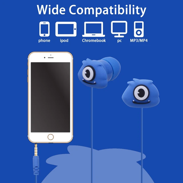 Alt view image 3 of 7 - Kids Earbuds with Storage Case for Back to School, Earbuds for Kids In-Ear Headphones of Electronics Wired 3.5mm with Mic Microphone, Lovely Gifts for School Girls and Boys (Monster, Blue)