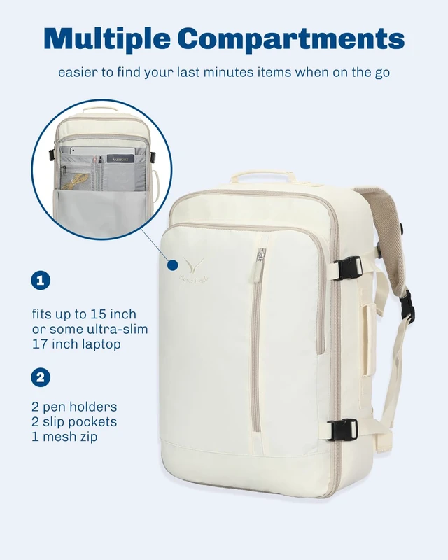 Alt view image 4 of 7 - 38L Flight Approved Backpack Carry On Travel Bag for Men Women Beige Large Weekender Cabin Luggage,Padded 15" Laptop Sleeve,Convertible Overnight Duffel,9 Organized Pockets