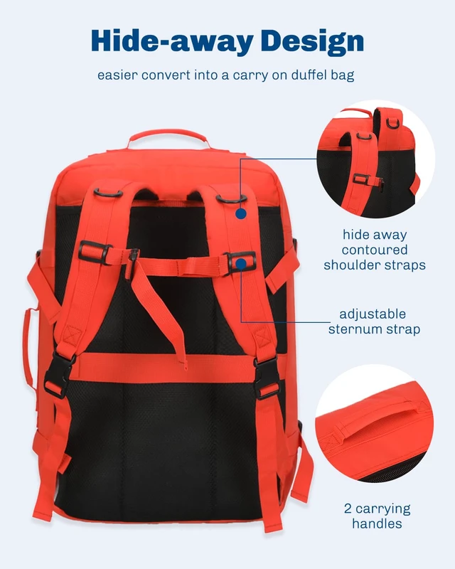 Alt view image 3 of 7 - 38L Flight Approved Backpack Carry On Travel Bag for Men Women Orange Weekender Cabin Luggage,Padded 15" Laptop Sleeve,Convertible Overnight Duffel,9 Organized Pockets