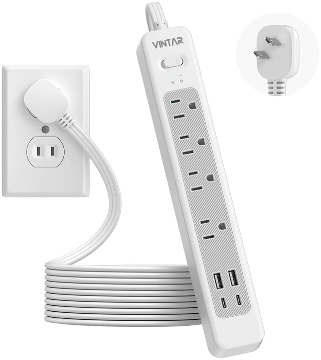 Main image of 2 Prong Power Strip, 2 Prong to 3 Prong Outlet Adapter with 6ft Cord 4 Outlets & 4 USB(2 USB-C), 1440J Surge Protector, 2 Prong Flat Polarized Plug for Non-Grounded Receptacle in Older House