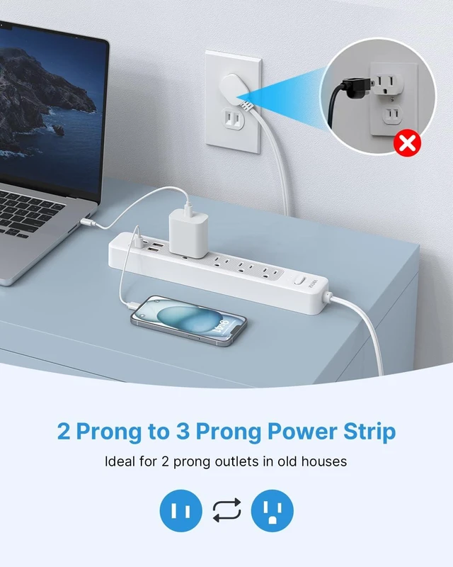 Alt view image 2 of 7 - 2 Prong Power Strip, 2 Prong to 3 Prong Outlet Adapter with 6ft Cord 4 Outlets & 4 USB(2 USB-C), 1440J Surge Protector, 2 Prong Flat Polarized Plug for Non-Grounded Receptacle in Older House
