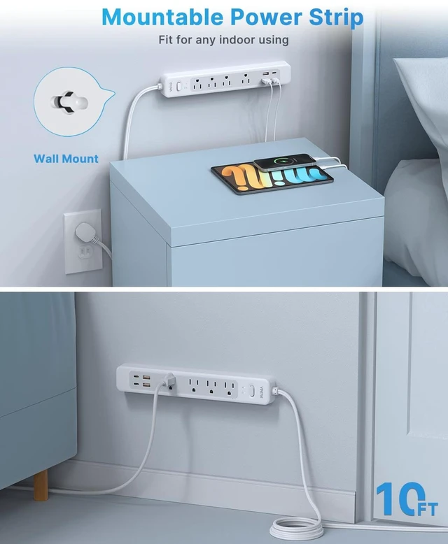 Alt view image 6 of 7 - 2 Prong Power Strip, 2 Prong to 3 Prong Outlet Adapter, 10ft Cord 4 Outlets & 4 USB(2 USB-C), 1440J Surge Protector, 2 Prong Flat Polarized Plug for Non-Grounded Receptacle in Older House