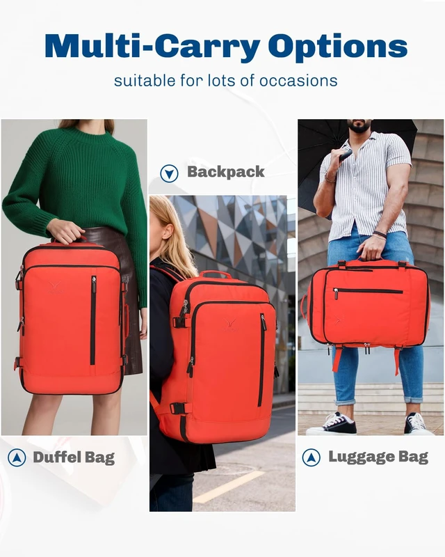 Alt view image 4 of 7 - 38L Flight Approved Backpack Carry On Travel Bag for Men Women Orange Weekender Cabin Luggage,Padded 15" Laptop Sleeve,Convertible Overnight Duffel,9 Organized Pockets