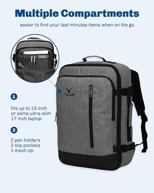 Alt view image 6 of 7 - 38L Flight Approved Backpack Carry On Travel Bag for Men Women Black Grey Large Weekender Cabin Luggage,Padded 15" Laptop Sleeve,Convertible Overnight Duffel,9 Organized Pockets