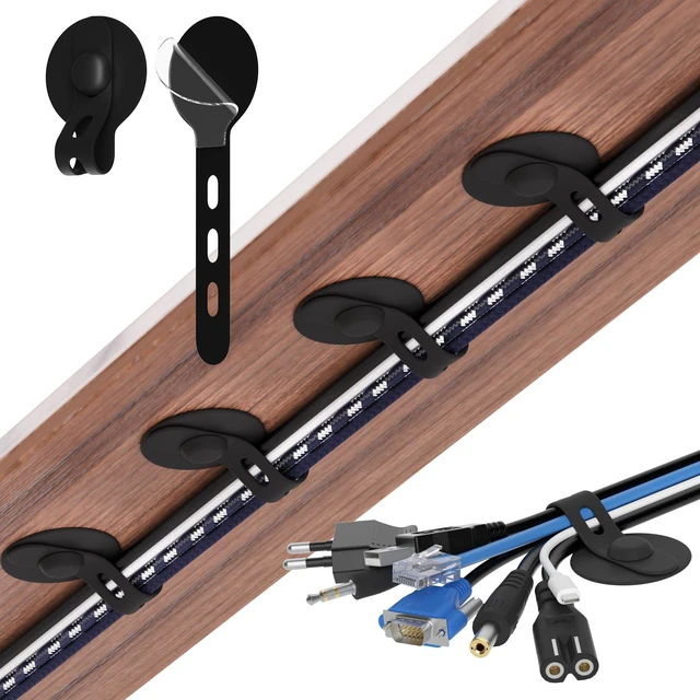 Main image of Cable Management Under Desk, Adhesive Cable Ties, 30Pack-Black Adjustable Silicone Cable Ties Cord Organizer, Reusable Heavy-Duty Cord Holder Under Table for Office, School, Home