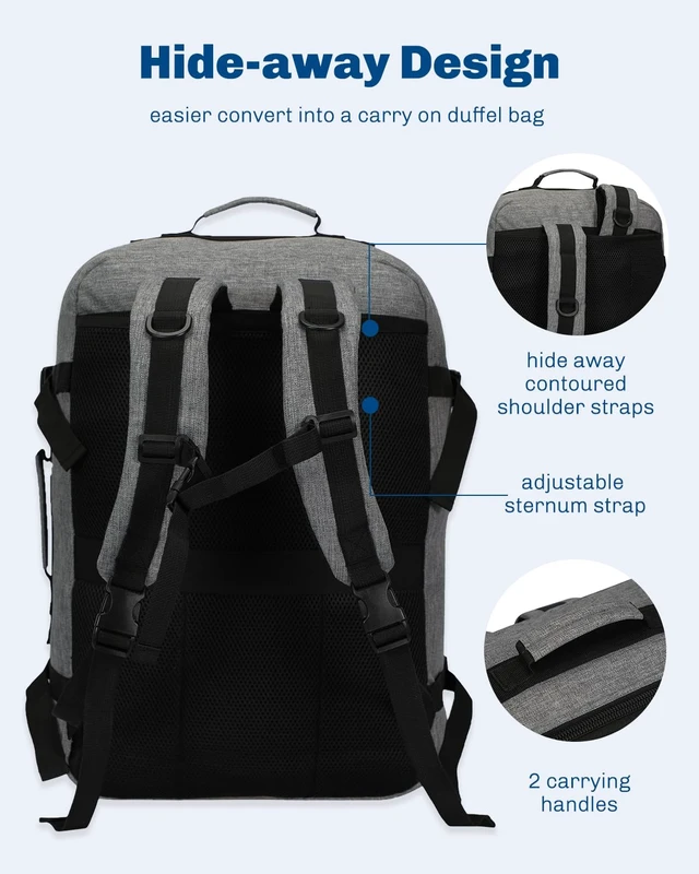 Alt view image 7 of 7 - 38L Flight Approved Backpack Carry On Travel Bag for Men Women Black Grey Large Weekender Cabin Luggage,Padded 15" Laptop Sleeve,Convertible Overnight Duffel,9 Organized Pockets