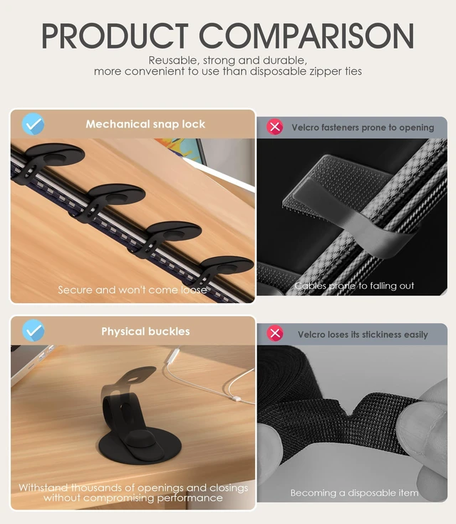 Alt view image 4 of 7 - Cable Management Under Desk, Adhesive Cable Ties, 30Pack-Black Adjustable Silicone Cable Ties Cord Organizer, Reusable Heavy-Duty Cord Holder Under Table for Office, School, Home