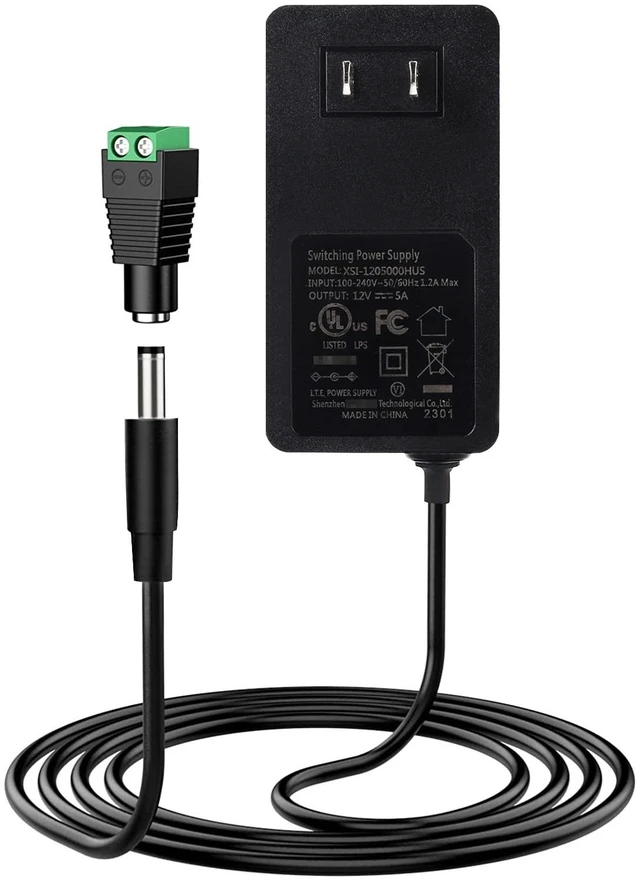 Main image of 12V 5A DC Power Supply Adapter,UL Listed 12V 60W Power Supply with 5.5x2.1mm Plug&LED Plug,100V-240V 50-60Hz AC/DC Power Adapter,12 Volt 5Amp Power Supply for LED Strip Lights CCTV Camera