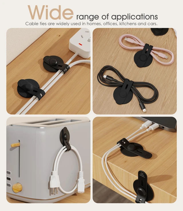 Alt view image 6 of 7 - Cable Management Under Desk, Adhesive Cable Ties, 30Pack-Black Adjustable Silicone Cable Ties Cord Organizer, Reusable Heavy-Duty Cord Holder Under Table for Office, School, Home