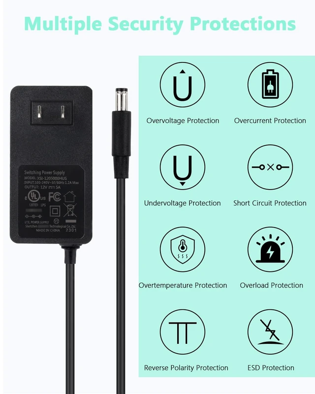 Alt view image 2 of 7 - 12V 5A DC Power Supply Adapter,UL Listed 12V 60W Power Supply with 5.5x2.1mm Plug&LED Plug,100V-240V 50-60Hz AC/DC Power Adapter,12 Volt 5Amp Power Supply for LED Strip Lights CCTV Camera