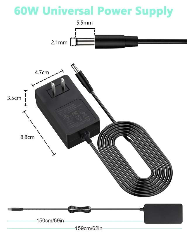 Alt view image 5 of 7 - 12V 5A DC Power Supply Adapter,UL Listed 12V 60W Power Supply with 5.5x2.1mm Plug&LED Plug,100V-240V 50-60Hz AC/DC Power Adapter,12 Volt 5Amp Power Supply for LED Strip Lights CCTV Camera