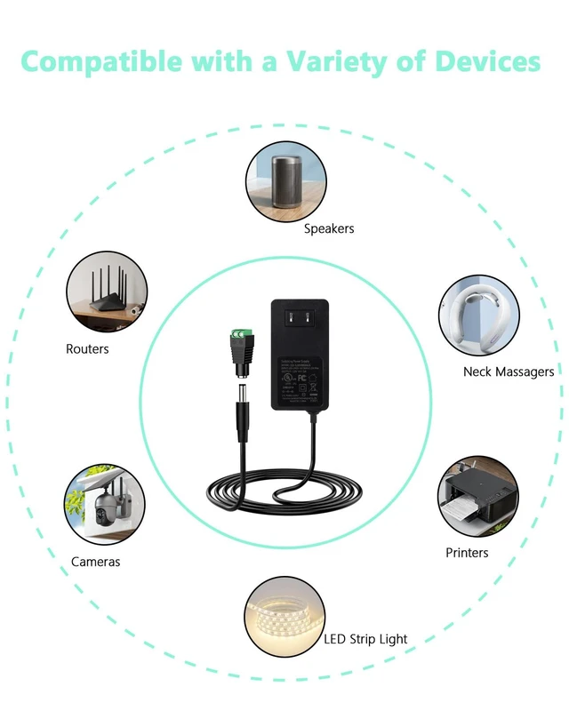 Alt view image 6 of 7 - 12V 5A DC Power Supply Adapter,UL Listed 12V 60W Power Supply with 5.5x2.1mm Plug&LED Plug,100V-240V 50-60Hz AC/DC Power Adapter,12 Volt 5Amp Power Supply for LED Strip Lights CCTV Camera