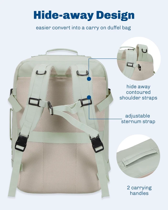 Alt view image 3 of 7 - 38L Flight Approved Backpack Carry On Travel Bag for Men Women Mint Green Large Weekender Cabin Luggage,Padded 15" Laptop Sleeve,Convertible Overnight Duffel,9 Organized Pockets