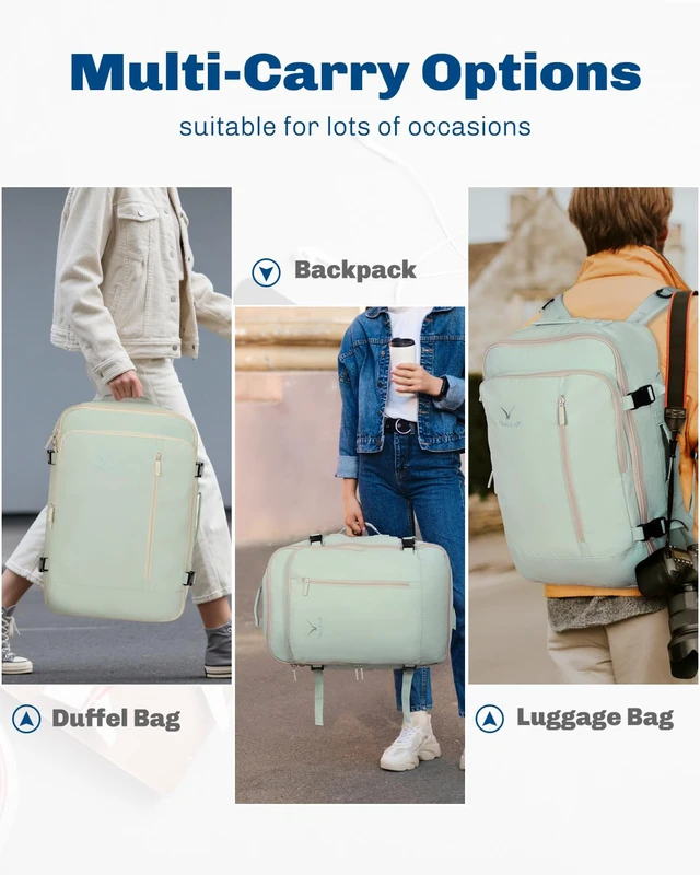 Alt view image 4 of 7 - 38L Flight Approved Backpack Carry On Travel Bag for Men Women Mint Green Large Weekender Cabin Luggage,Padded 15" Laptop Sleeve,Convertible Overnight Duffel,9 Organized Pockets