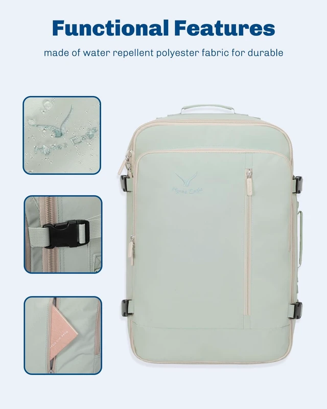 Alt view image 7 of 7 - 38L Flight Approved Backpack Carry On Travel Bag for Men Women Mint Green Large Weekender Cabin Luggage,Padded 15" Laptop Sleeve,Convertible Overnight Duffel,9 Organized Pockets