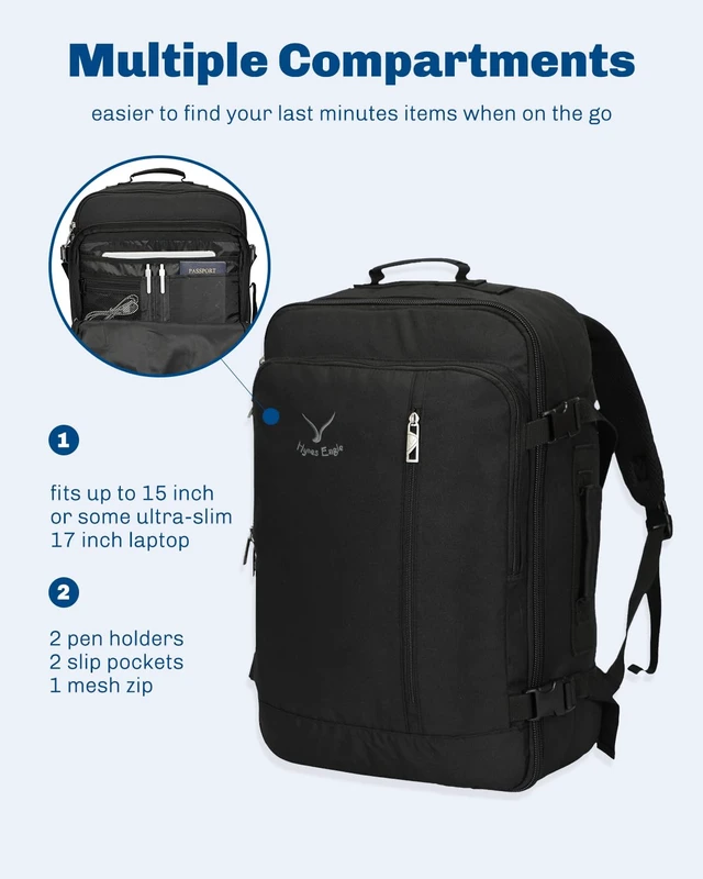 Alt view image 4 of 7 - 38L Flight Approved Backpack Carry On Travel Bag for Men Women Black Large Weekender Cabin Luggage,Padded 15" Laptop Sleeve,Convertible Overnight Duffel,9 Organized Pockets