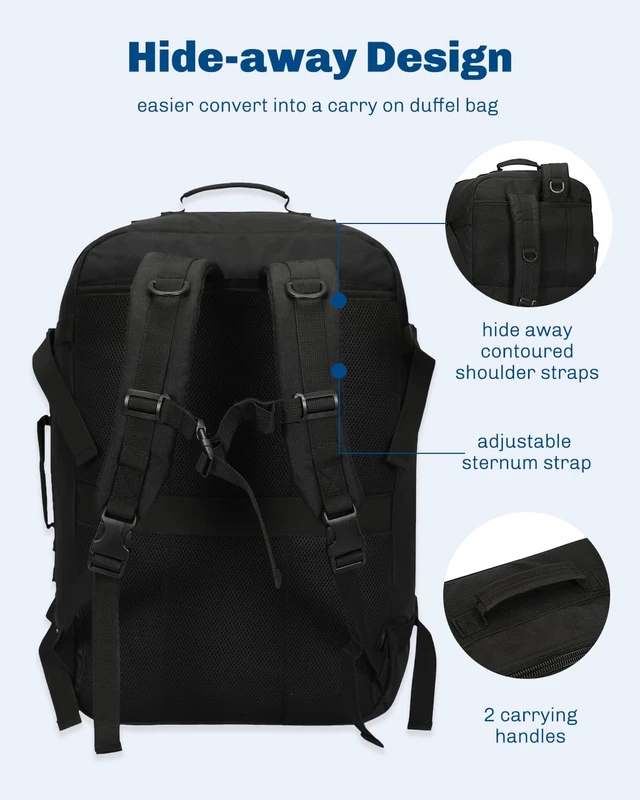 Alt view image 5 of 7 - 38L Flight Approved Backpack Carry On Travel Bag for Men Women Black Large Weekender Cabin Luggage,Padded 15" Laptop Sleeve,Convertible Overnight Duffel,9 Organized Pockets