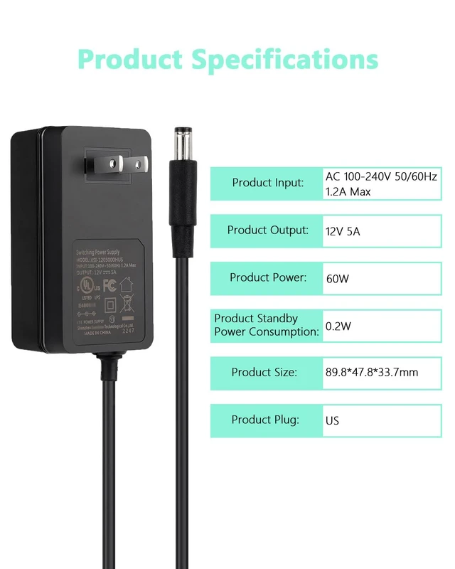 Alt view image 7 of 7 - 12V 5A DC Power Supply Adapter,UL Listed 12V 60W Power Supply with 5.5x2.1mm Plug&LED Plug,100V-240V 50-60Hz AC/DC Power Adapter,12 Volt 5Amp Power Supply for LED Strip Lights CCTV Camera