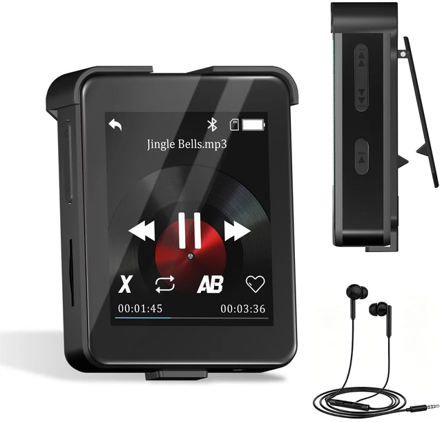 Main image of Bluetooth 5.3 Mini MP3 Player, 1.8" Touchscreen Portable Tiny Music Player with Speaker, FM Radio, Voice Recorder, Pedometer, Detachable Sports Clip with Earphones, 8GB Expandable up to 128GB, Black