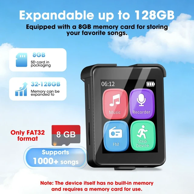 Alt view image 2 of 7 - Bluetooth 5.3 Mini MP3 Player, 1.8" Touchscreen Portable Tiny Music Player with Speaker, FM Radio, Voice Recorder, Pedometer, Detachable Sports Clip with Earphones, 8GB Expandable up to 128GB, Black