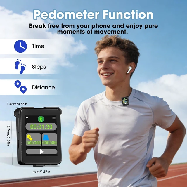 Alt view image 4 of 7 - Bluetooth 5.3 Mini MP3 Player, 1.8" Touchscreen Portable Tiny Music Player with Speaker, FM Radio, Voice Recorder, Pedometer, Detachable Sports Clip with Earphones, 8GB Expandable up to 128GB, Black