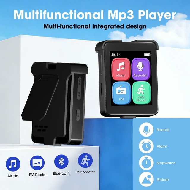 Alt view image 6 of 7 - Bluetooth 5.3 Mini MP3 Player, 1.8" Touchscreen Portable Tiny Music Player with Speaker, FM Radio, Voice Recorder, Pedometer, Detachable Sports Clip with Earphones, 8GB Expandable up to 128GB, Black