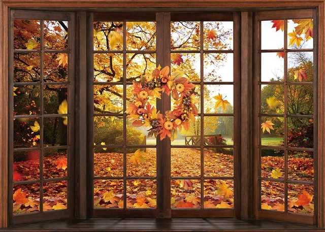 Alt view image 2 of 7 - Fall Window Backdrop Autumn Forest Scene Maple Leaf Photography Background Fall Harvest Thanksgiving Day Kids Adults Baby Shower Birthday Party Decoration Photo Shoot Prop (10x8FT)