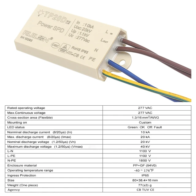 Alt view image 5 of 7 - 2Pcs Surge Protective Device, Power Surge Protector for Surge Protection, Low Voltage Surge Arrester for Indoor and Outdoor Lighting(110-277 VAC)