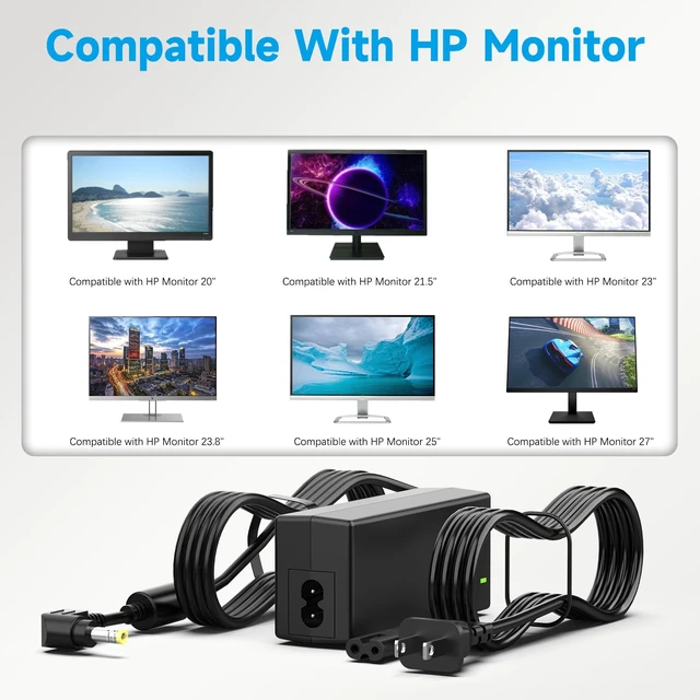Alt view image 7 of 7 - 19V Power Cord Compatible with HP Monitor 20" 21.5" 23" 23.8" 25" 27"; 22cwa 25vx 22bw 23bw 23cw 24ea 24es 25bw 25es 25xw 27bw 27xi 27er Power Supply IPS LED Backlit Full HD Display