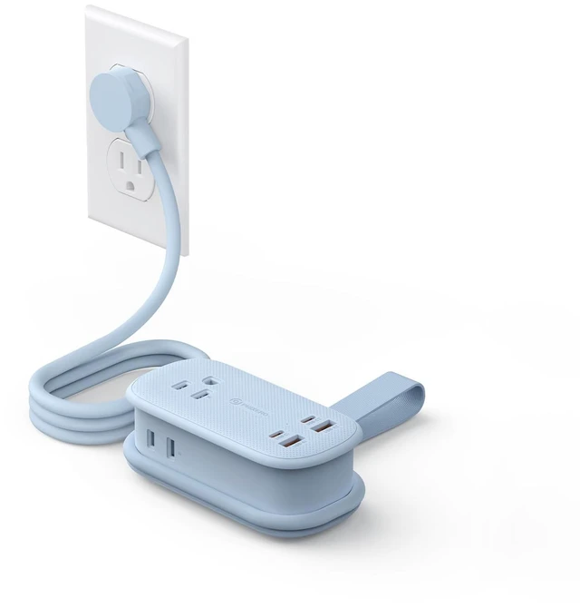 Main image of PhiPlug Travel Power Strip 7 in 1 45W GaN Flat Plug Blue Flat Extension Cord 3 AC 2 USB C 2 USB A PD 45W GaN On/Off Charging Station Outlet Extender for Family Trips - PP