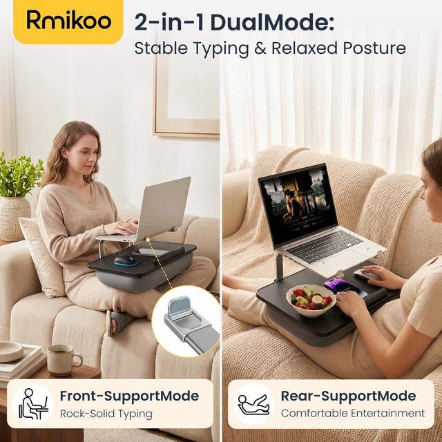 Alt view image 2 of 7 - Rimkoo Elevated Lap Desk for 15.6" Laptop, 2-in-1 Dual Laptop Stand with Pillow Cushion, Lightweight Lap Tray for Couch & Bed, Ergonomic Design for Stable Typing & Relaxed Posture, Black