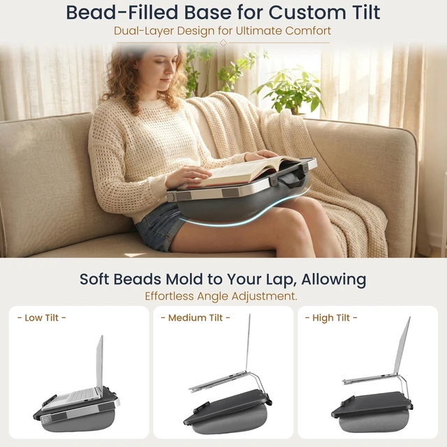 Alt view image 3 of 7 - Rimkoo Elevated Lap Desk for 15.6" Laptop, 2-in-1 Dual Laptop Stand with Pillow Cushion, Lightweight Lap Tray for Couch & Bed, Ergonomic Design for Stable Typing & Relaxed Posture, Black