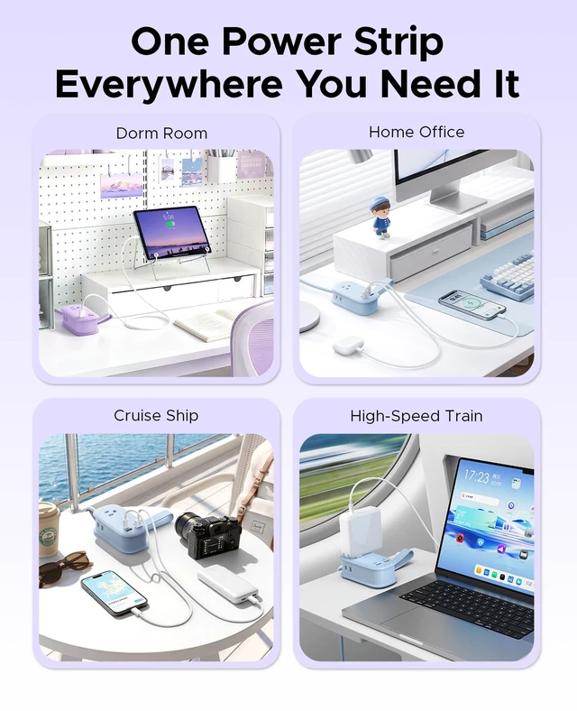 Alt view image 7 of 7 - PhiPlug Travel Power Strip 7 in 1 45W GaN Flat Plug Blue Flat Extension Cord 3 AC 2 USB C 2 USB A PD 45W GaN On/Off Charging Station Outlet Extender for Family Trips - PP