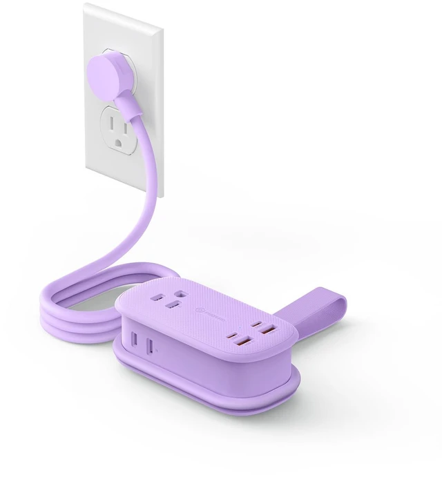 Main image of PhiPlug Travel Power Strip 7 in 1 45W GaN Flat Plug Purple Flat Extension Cord 3 AC 2 USB C 2 USB A PD 45W GaN On/Off Charging Station Outlet Extender for Family Trips - PP