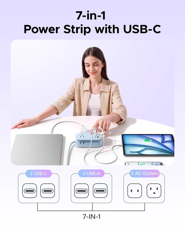 Alt view image 2 of 7 - PhiPlug Travel Power Strip 7 in 1 45W GaN Flat Plug Blue Flat Extension Cord 3 AC 2 USB C 2 USB A PD 45W GaN On/Off Charging Station Outlet Extender for Family Trips - PP