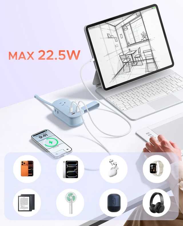Alt view image 3 of 7 - PhiPlug Travel Power Strip 7 in 1 45W GaN Flat Plug Blue Flat Extension Cord 3 AC 2 USB C 2 USB A PD 45W GaN On/Off Charging Station Outlet Extender for Family Trips - PP