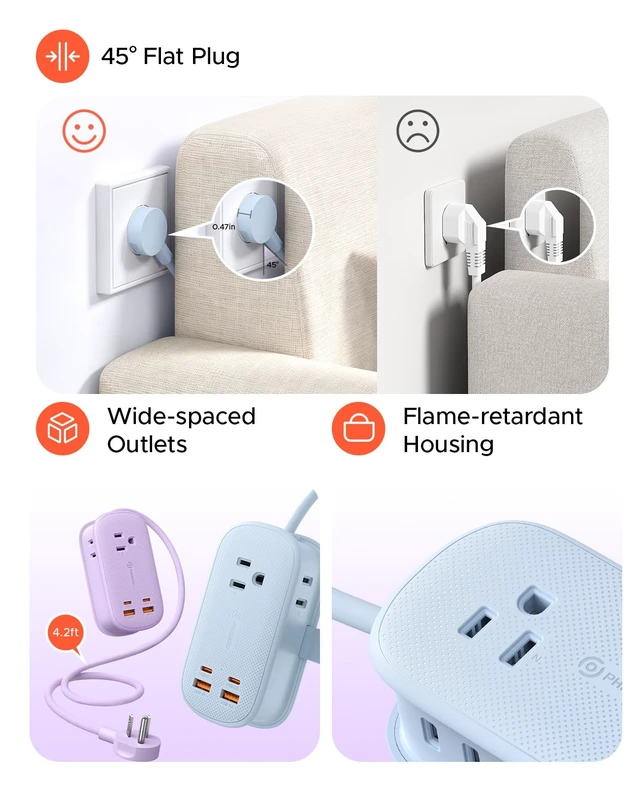 Alt view image 4 of 7 - PhiPlug Travel Power Strip 7 in 1 45W GaN Flat Plug Blue Flat Extension Cord 3 AC 2 USB C 2 USB A PD 45W GaN On/Off Charging Station Outlet Extender for Family Trips - PP