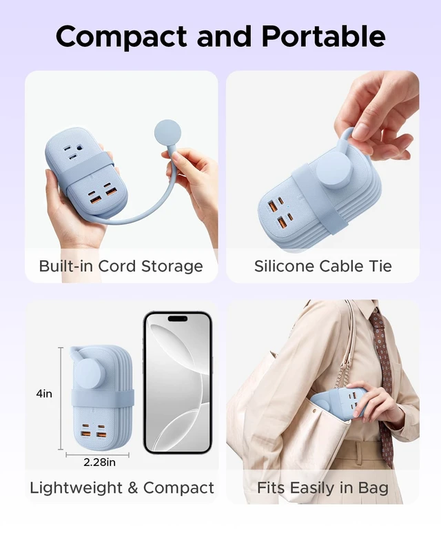 Alt view image 5 of 7 - PhiPlug Travel Power Strip 7 in 1 45W GaN Flat Plug Blue Flat Extension Cord 3 AC 2 USB C 2 USB A PD 45W GaN On/Off Charging Station Outlet Extender for Family Trips - PP