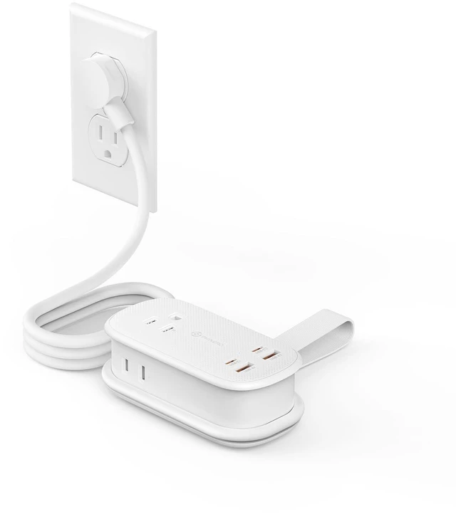 Main image of PhiPlug Travel Power Strip 7 in 1 45W GaN Flat Plug White Flat Extension Cord 3 AC 2 USB C 2 USB A PD 45W GaN On/Off Charging Station Outlet Extender for Family Trips - PP