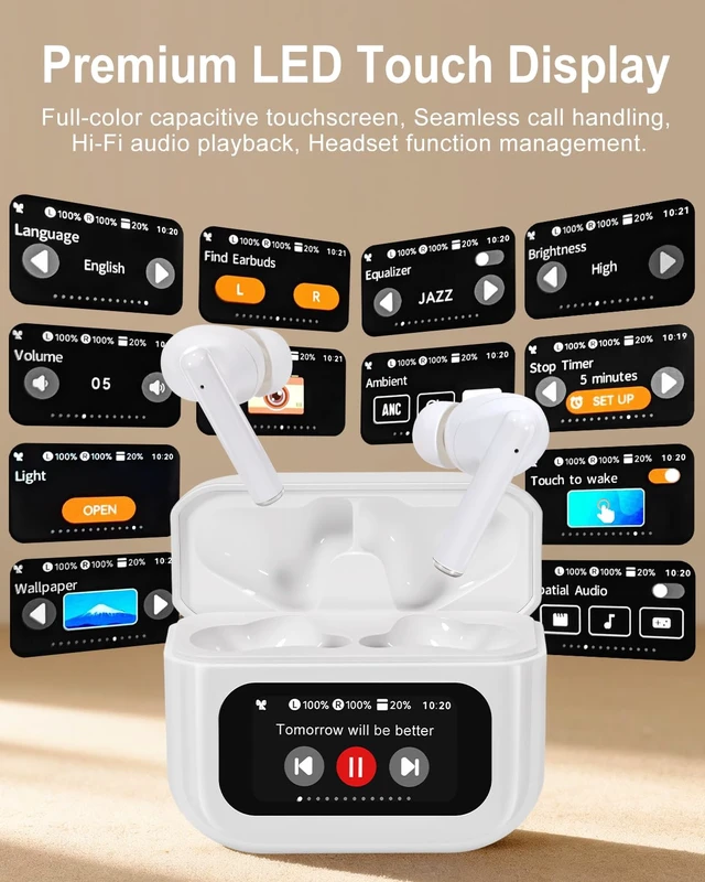 Alt view image 2 of 7 - Wireless Earbuds Bluetooth Headphones with LED Touchsceen, White IPX7 Waterproof Wireless Earphones, Hi-Fi Stereo & 68H Playtime, ANC ENC Noise Cancelling, for Work/Running/Trave