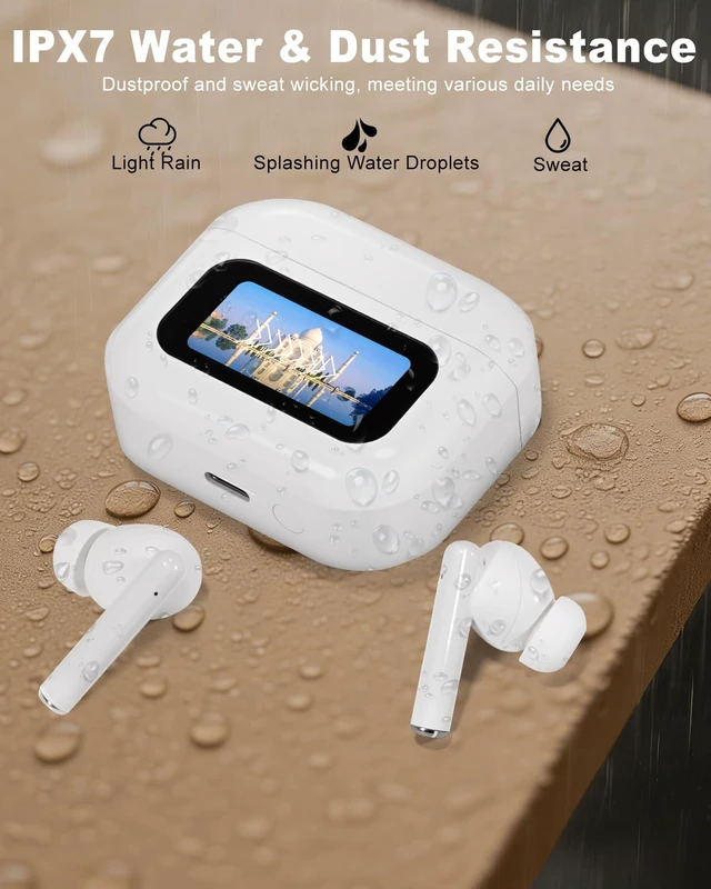 Alt view image 6 of 7 - Wireless Earbuds Bluetooth Headphones with LED Touchsceen, White IPX7 Waterproof Wireless Earphones, Hi-Fi Stereo & 68H Playtime, ANC ENC Noise Cancelling, for Work/Running/Trave