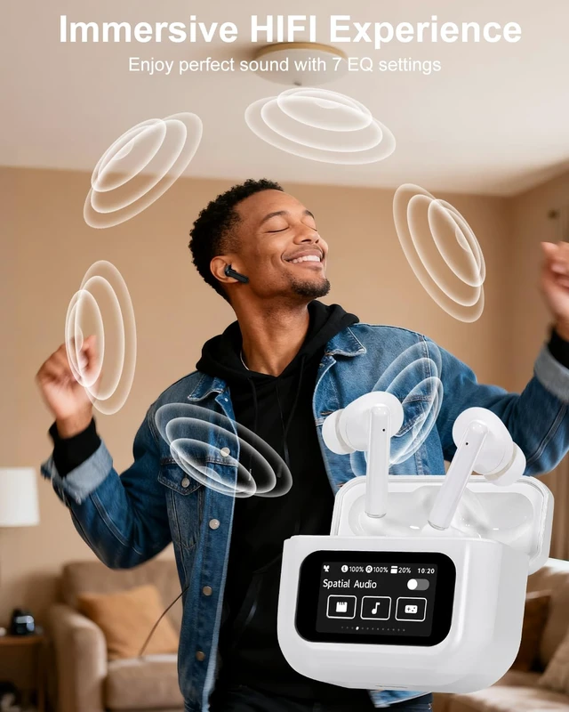 Alt view image 7 of 7 - Wireless Earbuds Bluetooth Headphones with LED Touchsceen, White IPX7 Waterproof Wireless Earphones, Hi-Fi Stereo & 68H Playtime, ANC ENC Noise Cancelling, for Work/Running/Trave