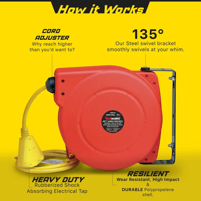 Alt view image 3 of 6 - Extension Cord Reel Retractable, 14AWG x 40' Ft 3C SJT, Wall Mount Kit, 3 Outlet / Triple Tap Connector