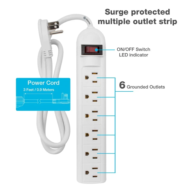 Alt view image 2 of 7 - Power Strip with 3 Ft Cord, Flat Plug Surge Protector with 6 AC 90 Degree Spacious Outlets, 3 Ft Extension Cord for Home Office, Dorm Essentials 240 Joules, ETL Listed White