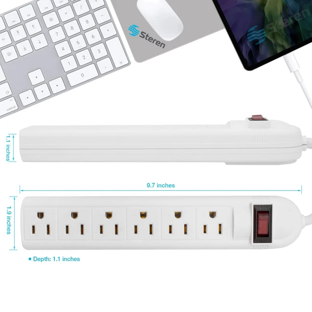 Alt view image 5 of 7 - Power Strip with 3 Ft Cord, Flat Plug Surge Protector with 6 AC 90 Degree Spacious Outlets, 3 Ft Extension Cord for Home Office, Dorm Essentials 240 Joules, ETL Listed White