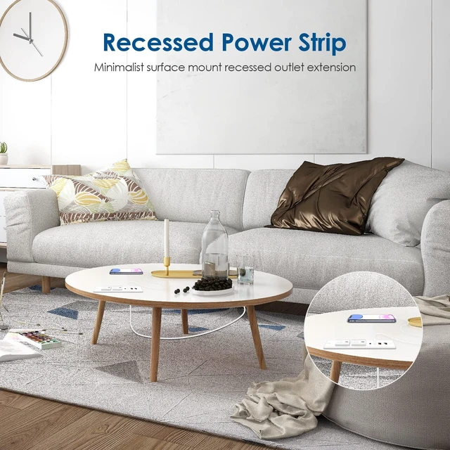 Alt view image 7 of 7 - Recessed Power Strip 30W USB C,Furniture Flush Mount Desk Outlet,2 Outlets 4 USB Ports,Recessed Outlet for Side Table/Sofa Table,Ultra Thin Flat Plug Power Strip,3FT Cord (White)