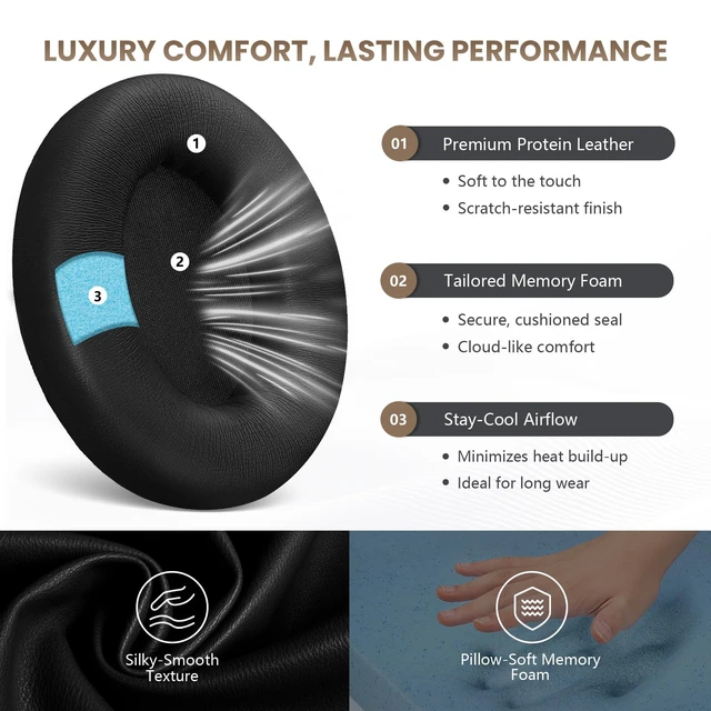 Alt view image 2 of 7 - Studio Pro Headphone Ear Pads, Replacement Earpads/Cushions for Beats Studio Pro, with Premium Protein Leather, Resilient Memory Foam, Added Thickness